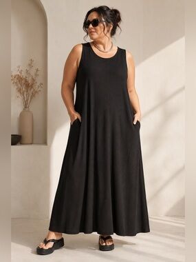 Alembika Black Ribbed Sleeveless Maxi Dress Size 2 | Lagenlook Oversized Pockets